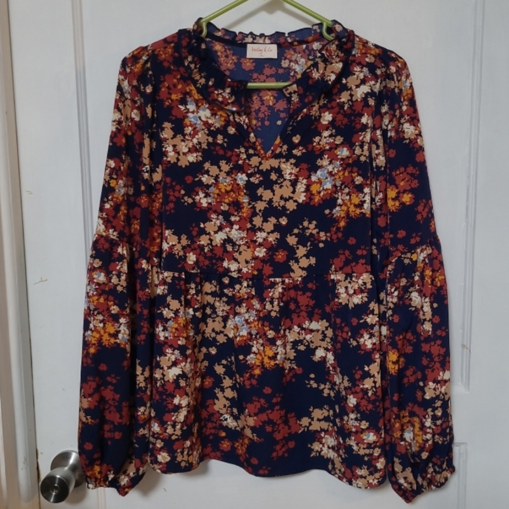 Hailey & Co Floral V-Neck Long Sleeve Blouse Boho Medium